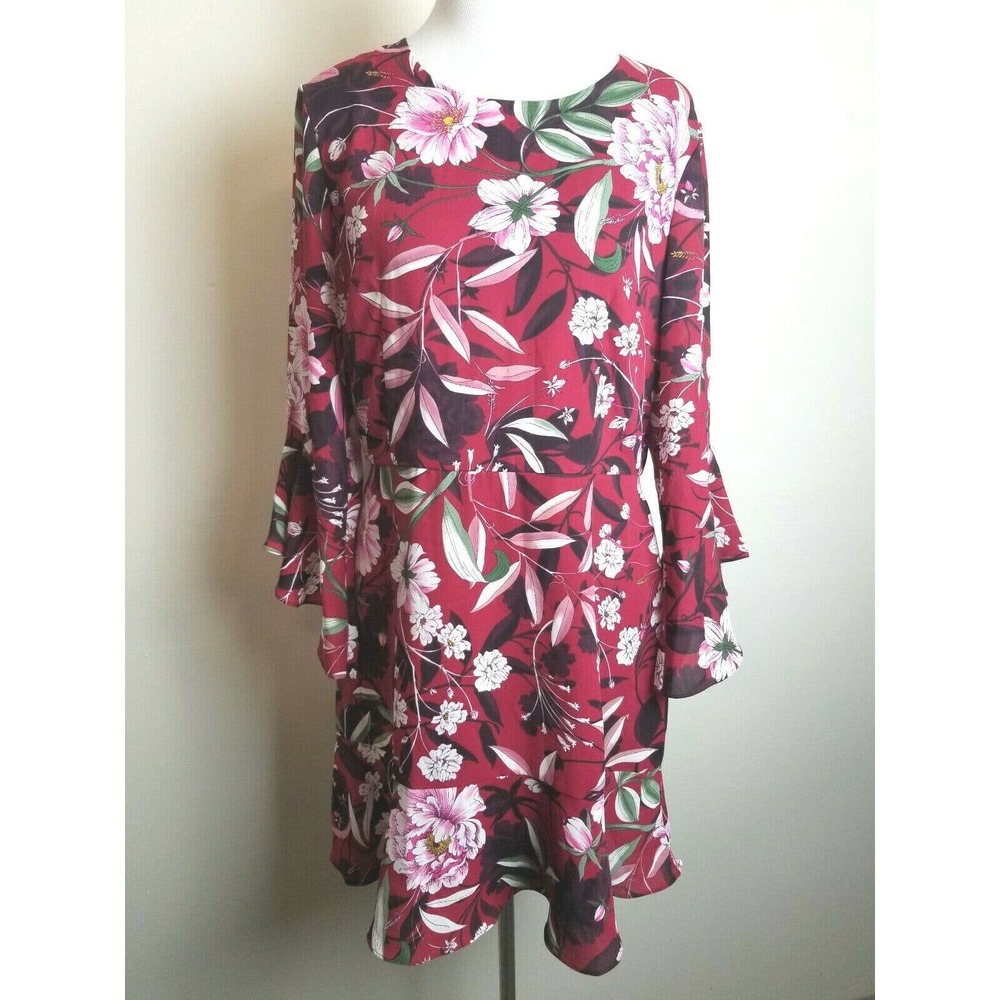 Bar 3 Dress 10 red M Floral Bell Sleeve ruffle